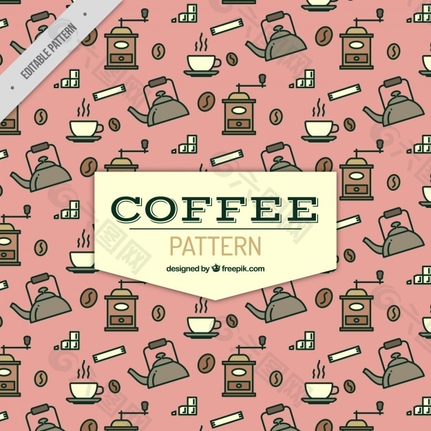 粉红色背景的平面咖啡图案