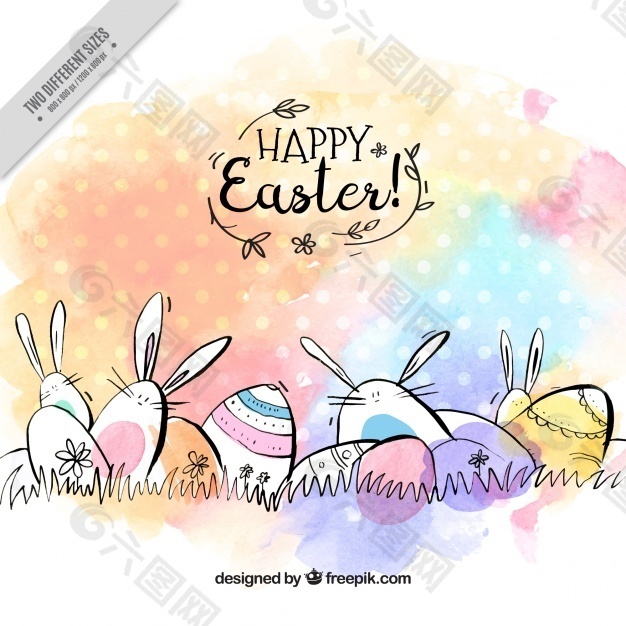 奇妙复活节背景与鸡蛋和兔子水彩画风格