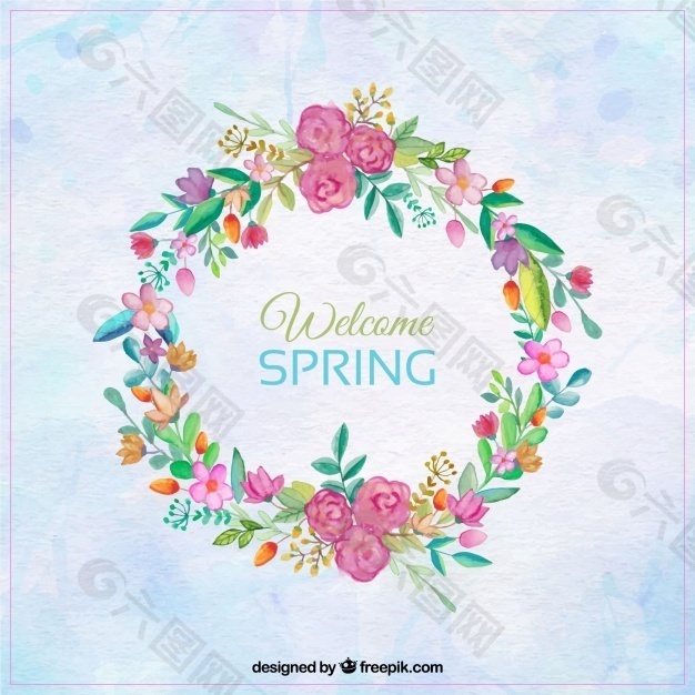 水彩背景与美丽的春天花圈背景素材免费下载 图片编号 六图网