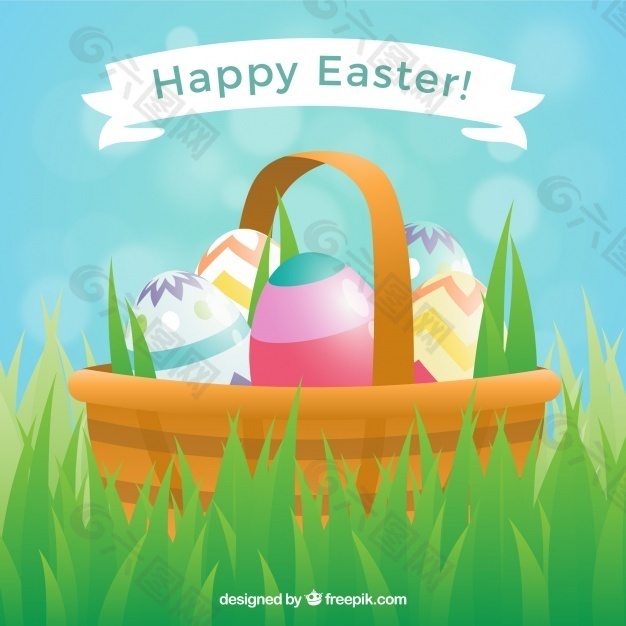 在草地上放复活节彩蛋的篮子背景