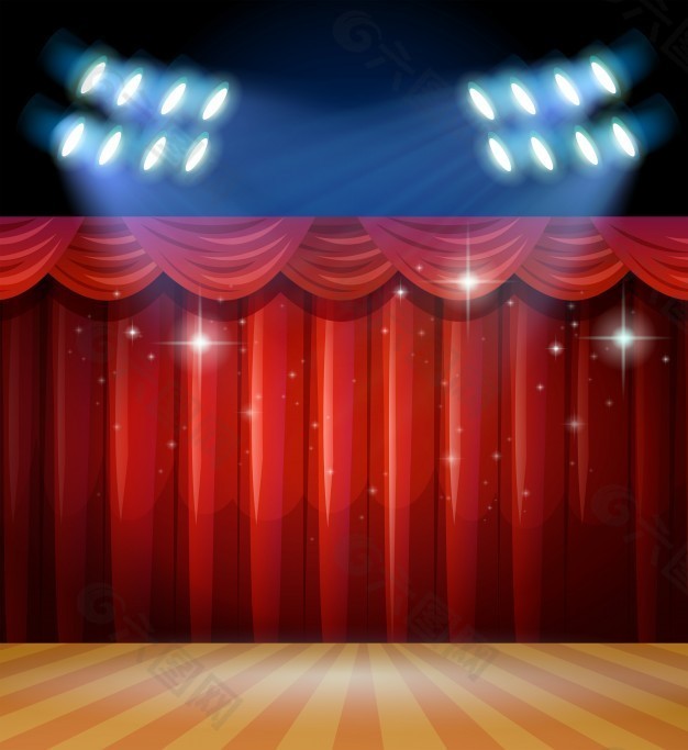 舞台背景，舞台上有红色和红色的窗帘。