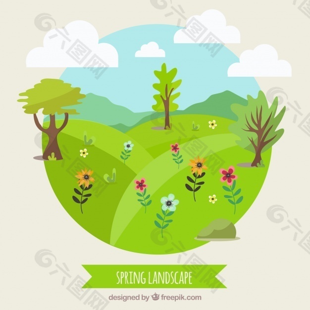 草地与树木的春天景观背景