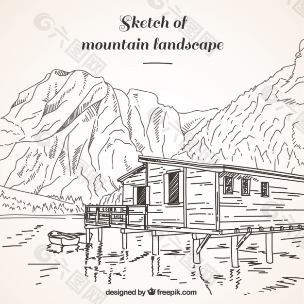 山水背景与手绘小屋