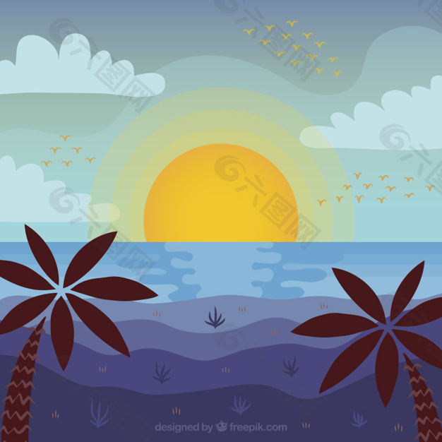 日落时分的棕榈树海滩