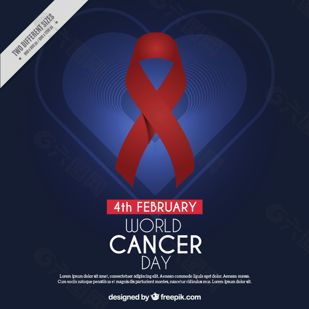 深蓝色背景，心脏和红丝带为世界癌症日