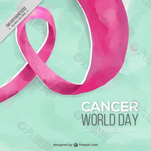水彩背景与世界癌症日粉红色丝带
