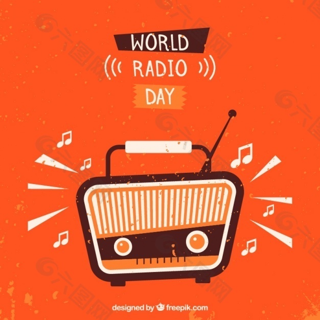 橙色背景与老式收音机庆祝世界无线电日