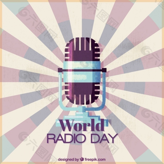 世界无线电日背景与麦克风老式风格