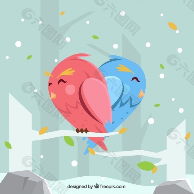 冬天的背景与可爱的鸟形成一个心脏