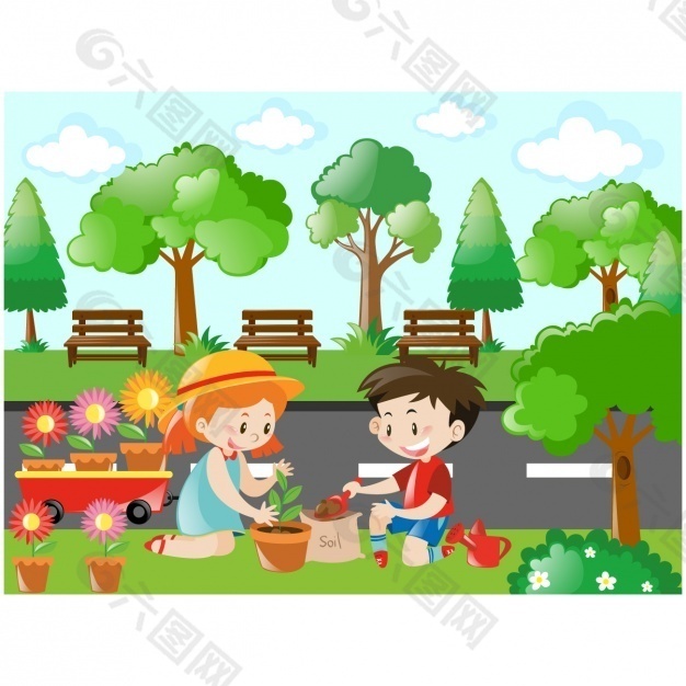 照顾植物的孩子们