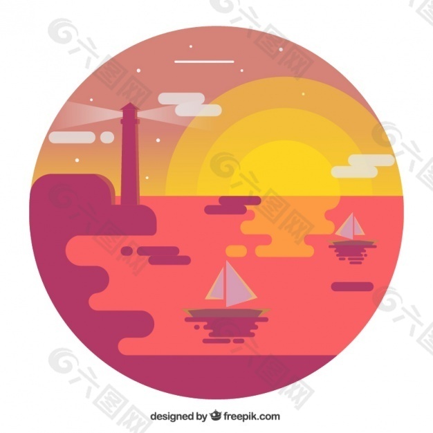 日落时的景观背景与船在平面设计