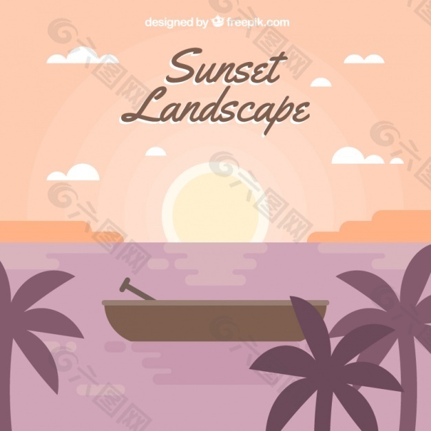 棕榈树和小船的热带景观背景