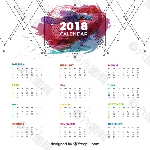 2018个带有几何线条和彩色污点的日历