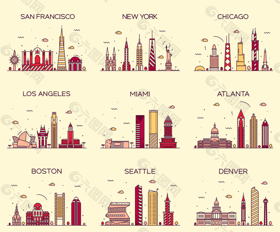 各国卡通复古城市景点矢量素材背景