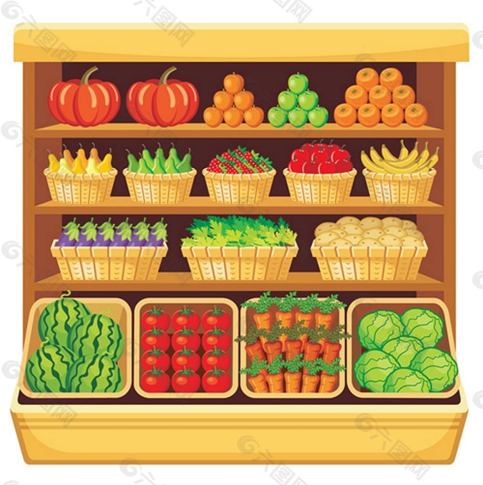 超市商品货架新鲜水果蔬菜矢量图