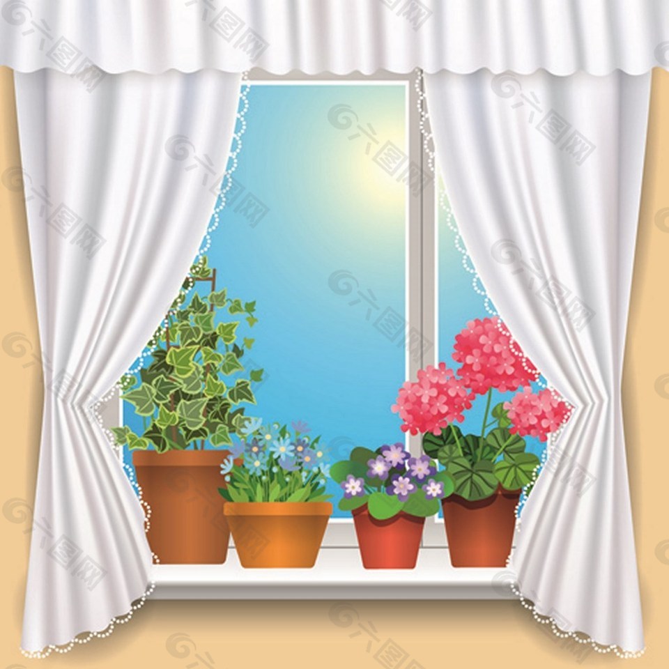 窗户上漂亮鲜花背景图