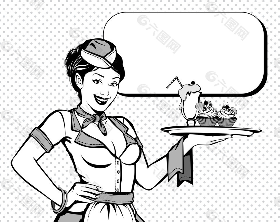 服务员卡通黑白动漫欧美女性对话矢量素材