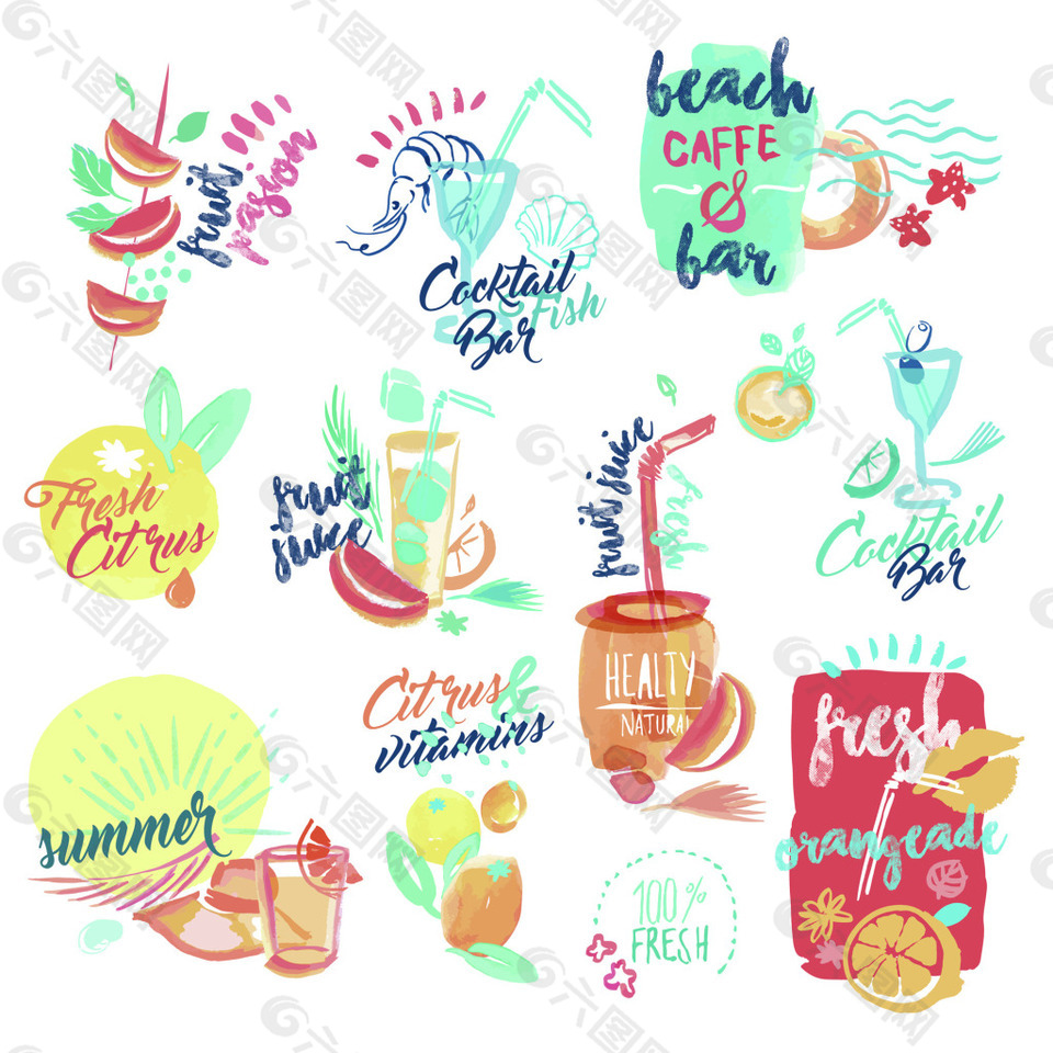 夏日果汁手绘饮料图标背景素材