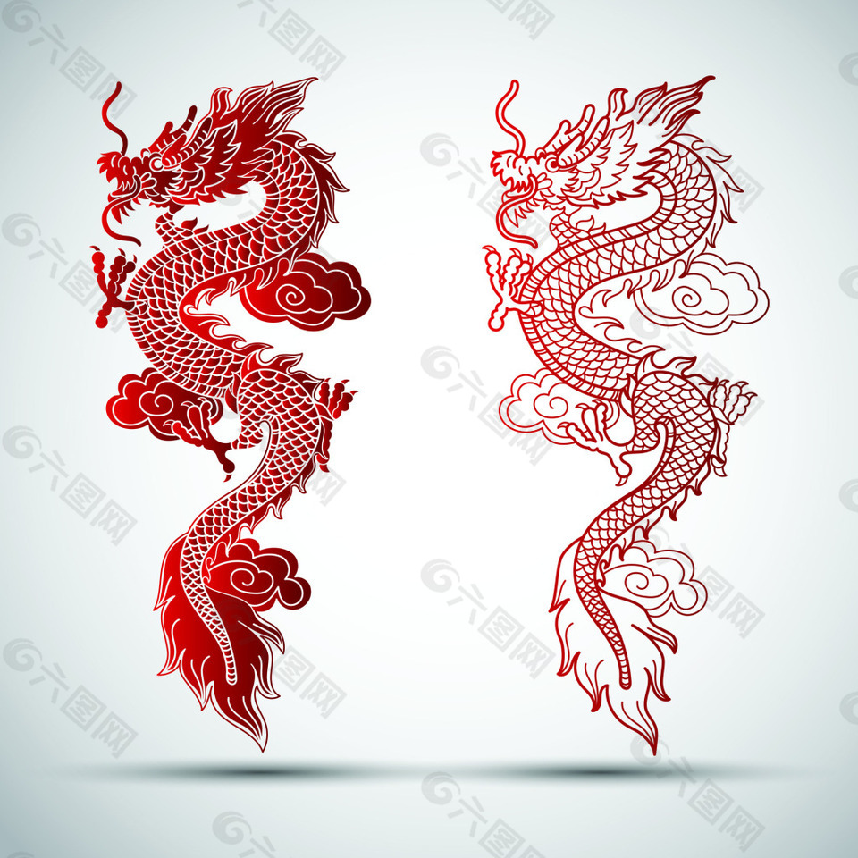 红色剪纸中国龙矢量素材