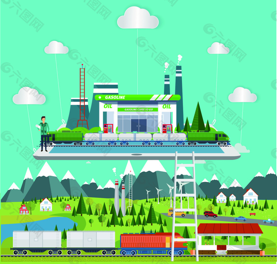创意合成手机平板旅游火车创意插画