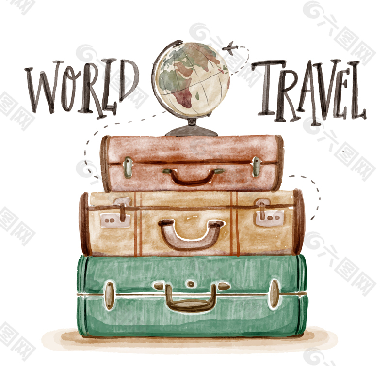 彩绘环球旅行行李箱和地球仪矢量
