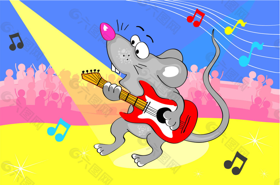 弹吉他的老鼠插画风景背景矢量素材