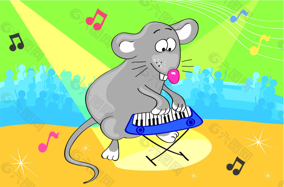 弹钢琴的老鼠插画风景背景矢量素材