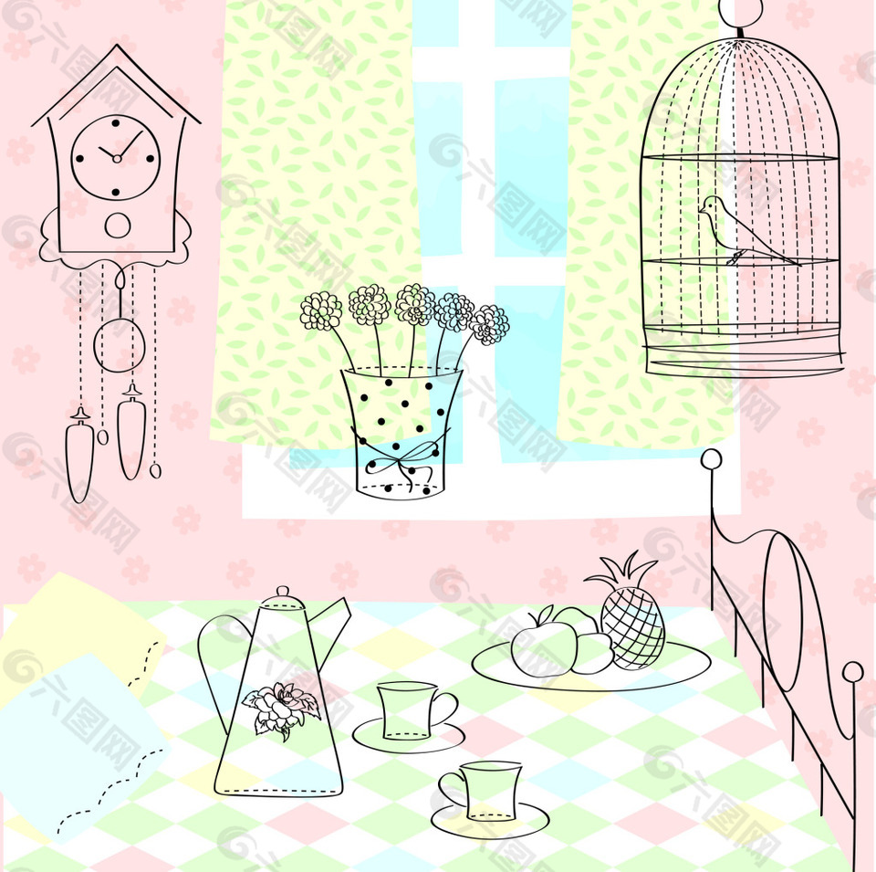 粉色房间插画风景背景矢量素材