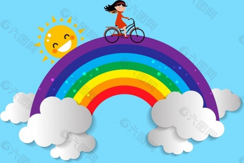彩虹上骑自行车的女孩