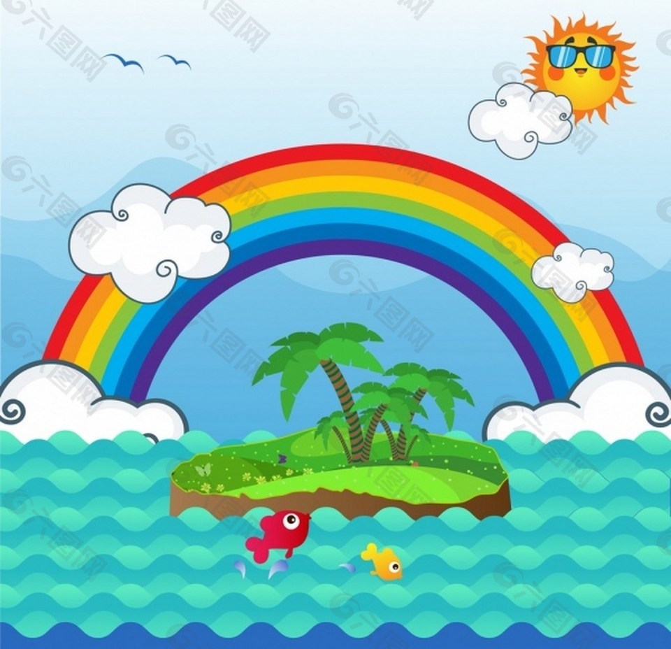 可爱海洋岛屿彩虹背景矢量图