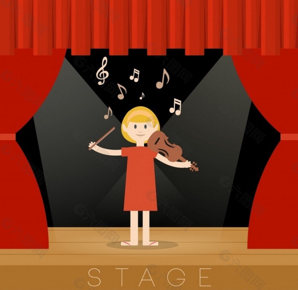 舞台设计模板红色窗帘小提琴家背景图