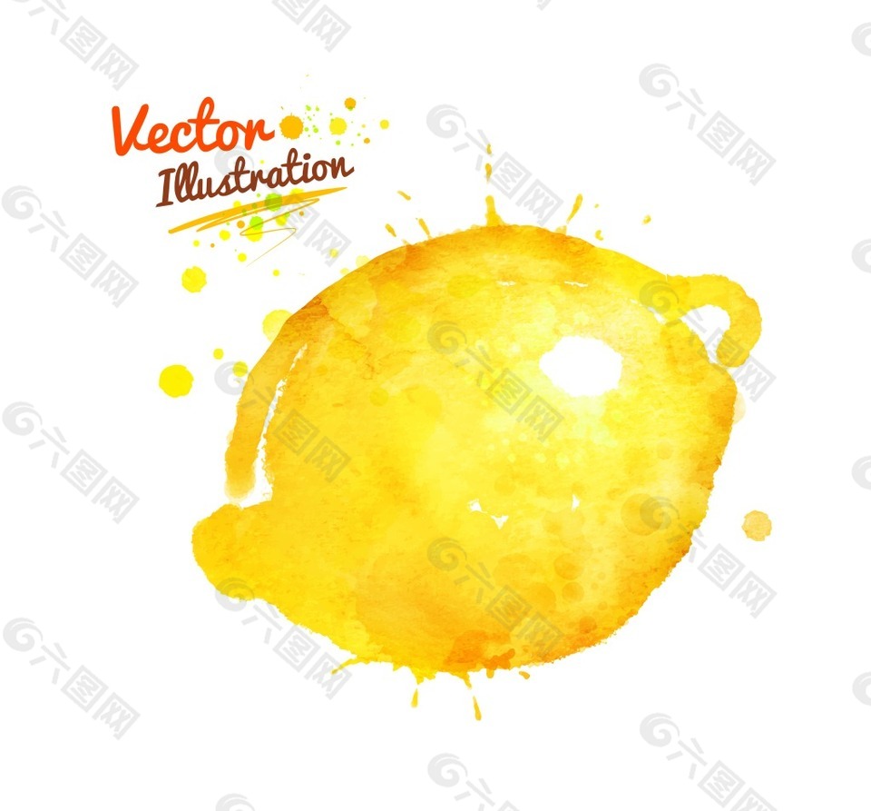 黄色柠檬喷溅水彩墨迹水果玉米蔬菜矢量