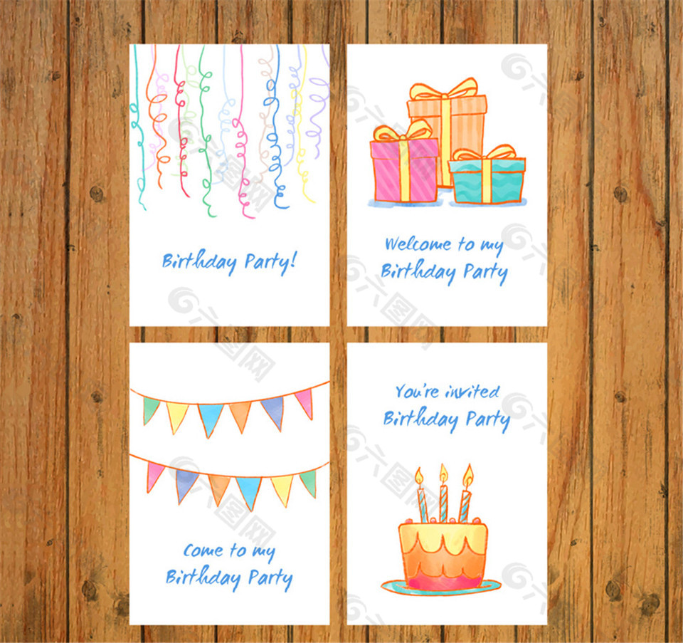 4款彩绘生日派对邀请卡片矢量图