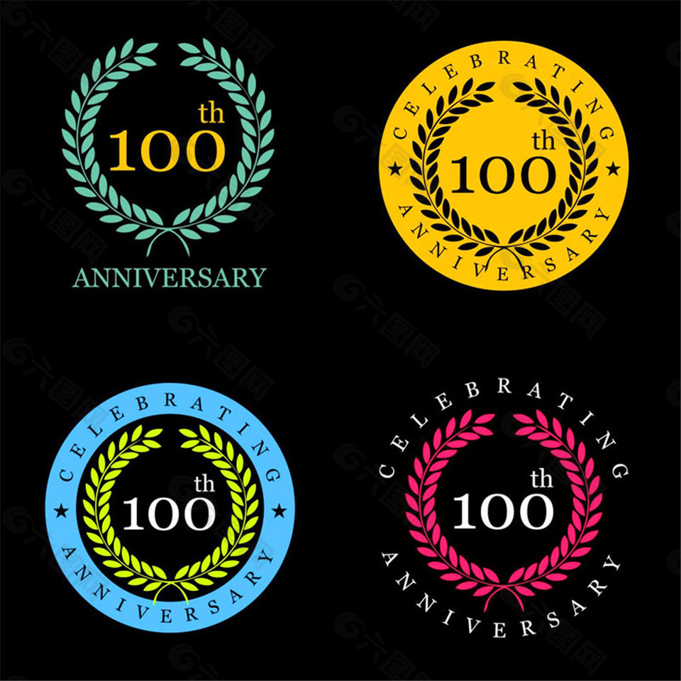 4款彩色100周年纪念徽章矢量图