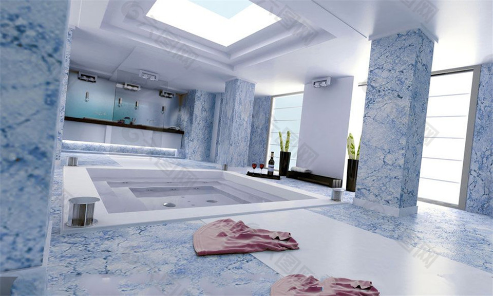 别墅宽敞房间里的洗浴设施高清图片