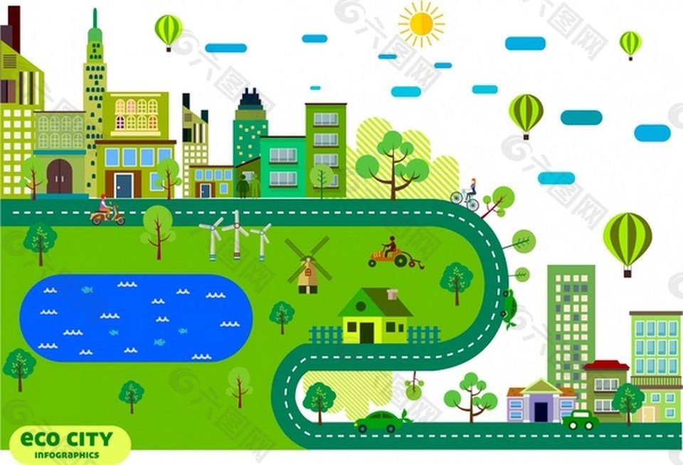 生态城市绿色城市素描图的各种符号自由矢量