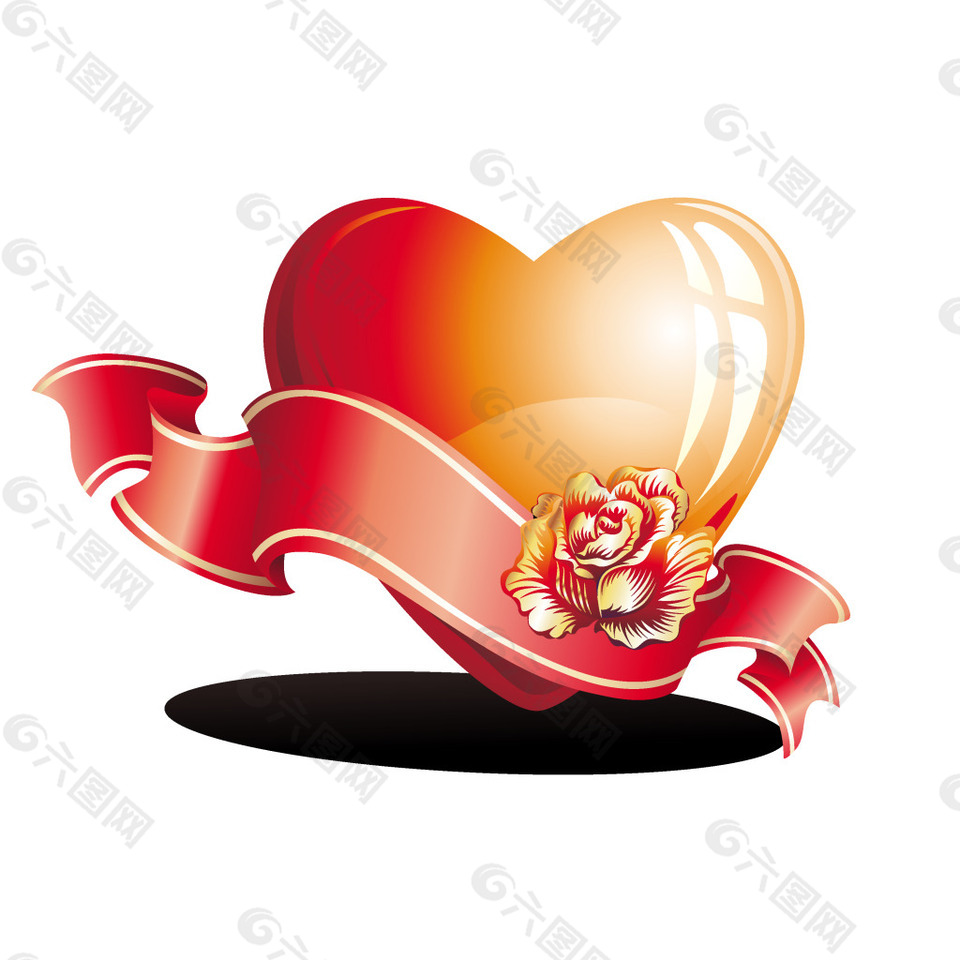 浪漫红色心形丝带花朵元素