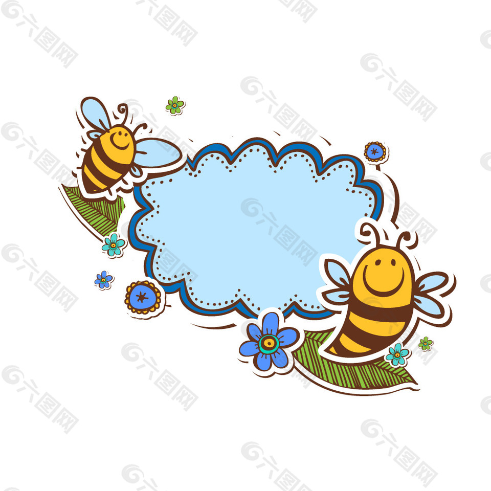 卡通蜜蜂蓝色不规则标签元素