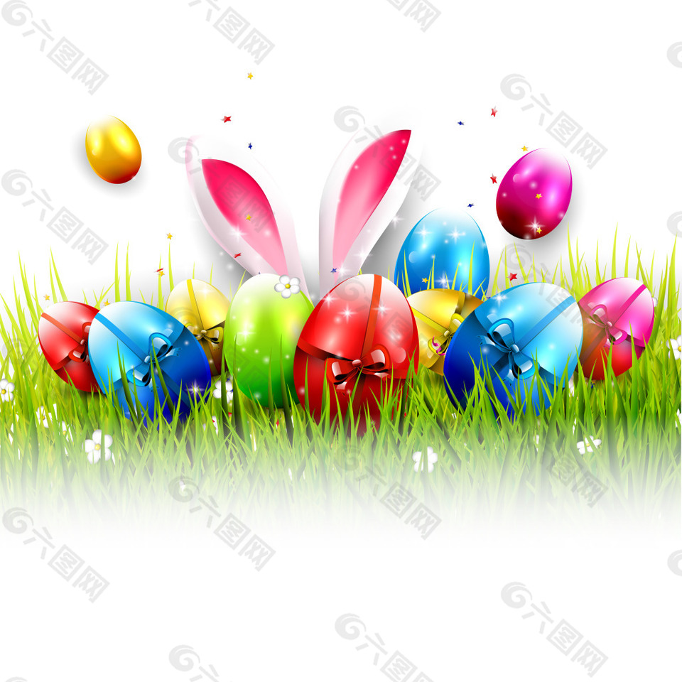 绿色草地上的彩蛋礼物复活节海报矢量