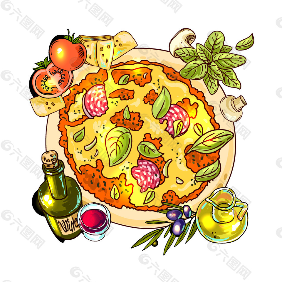 手绘水果披萨元素