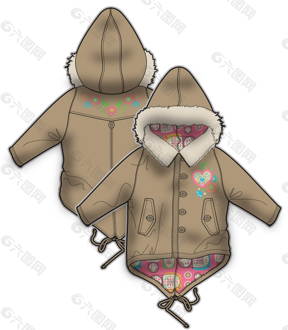 骆驼色外套女宝宝服装设计彩色矢量原稿