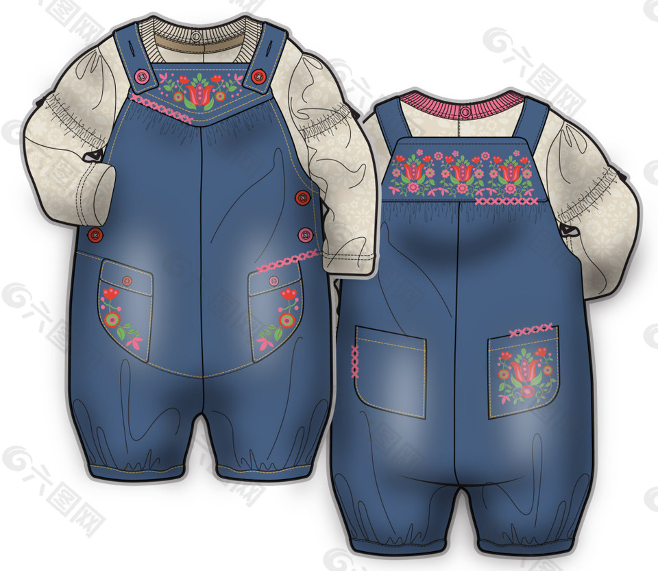 背带裤女宝宝服装设计彩色矢量原稿