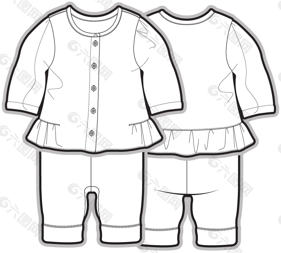 长袖套装小宝宝黑白服装线稿矢量设计素材