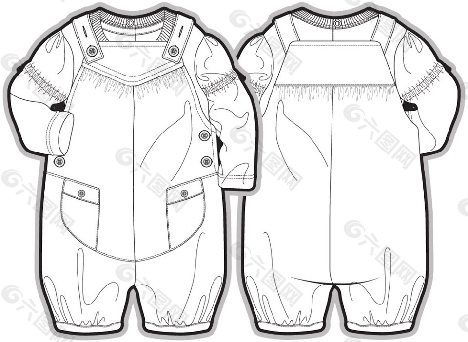 长袖连体小宝宝黑白服装线稿矢量设计素材