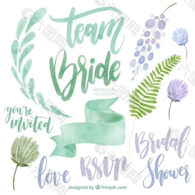 收集绿色和紫色色调的水彩婚礼元素