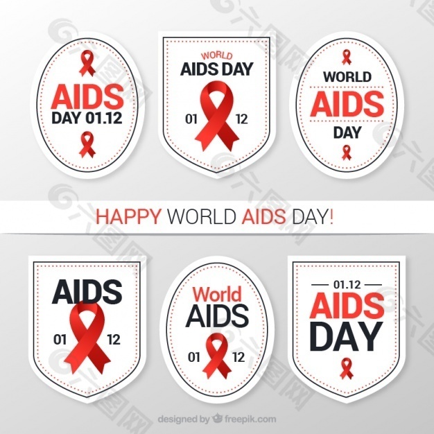 带红丝带的世界艾滋病日六包白色贴纸