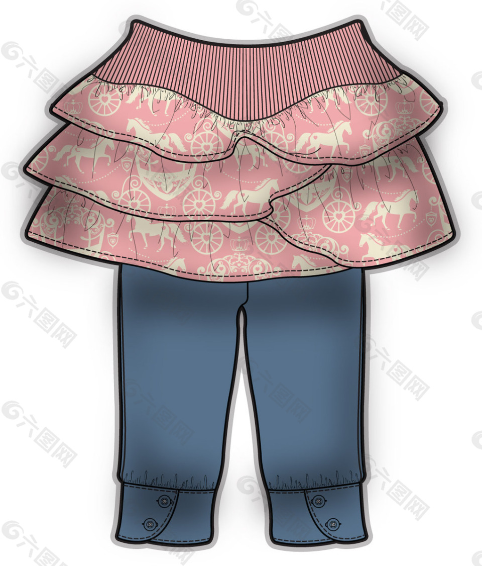 粉色裙裤小女生服装设计彩色矢量原稿