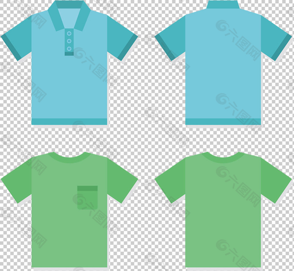 蓝色绿色T恤衫模板免抠png透明图层素材
