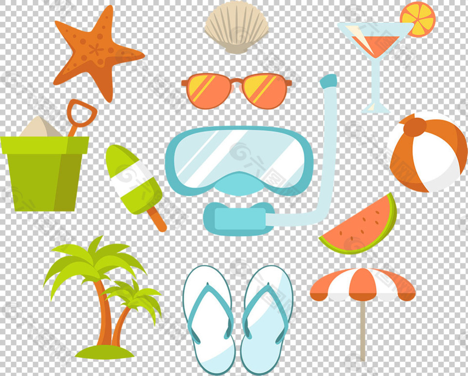 夏天沙滩元素插画免抠png透明素材