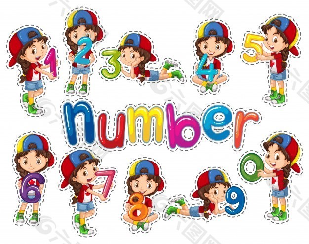 贴纸女孩和数字插图